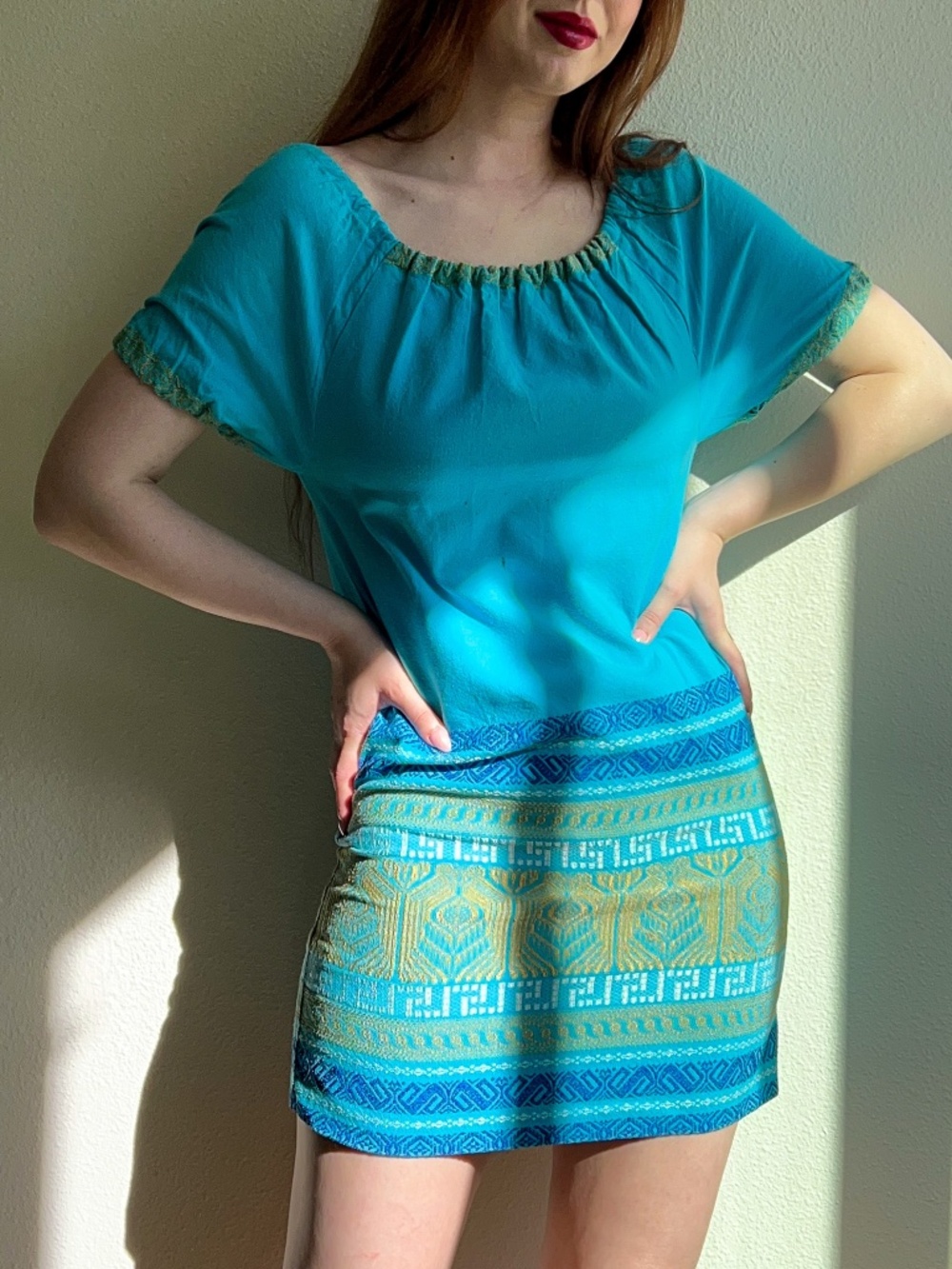 Vintage 1960s Blue and Gold Grecian Summer Dress (M)